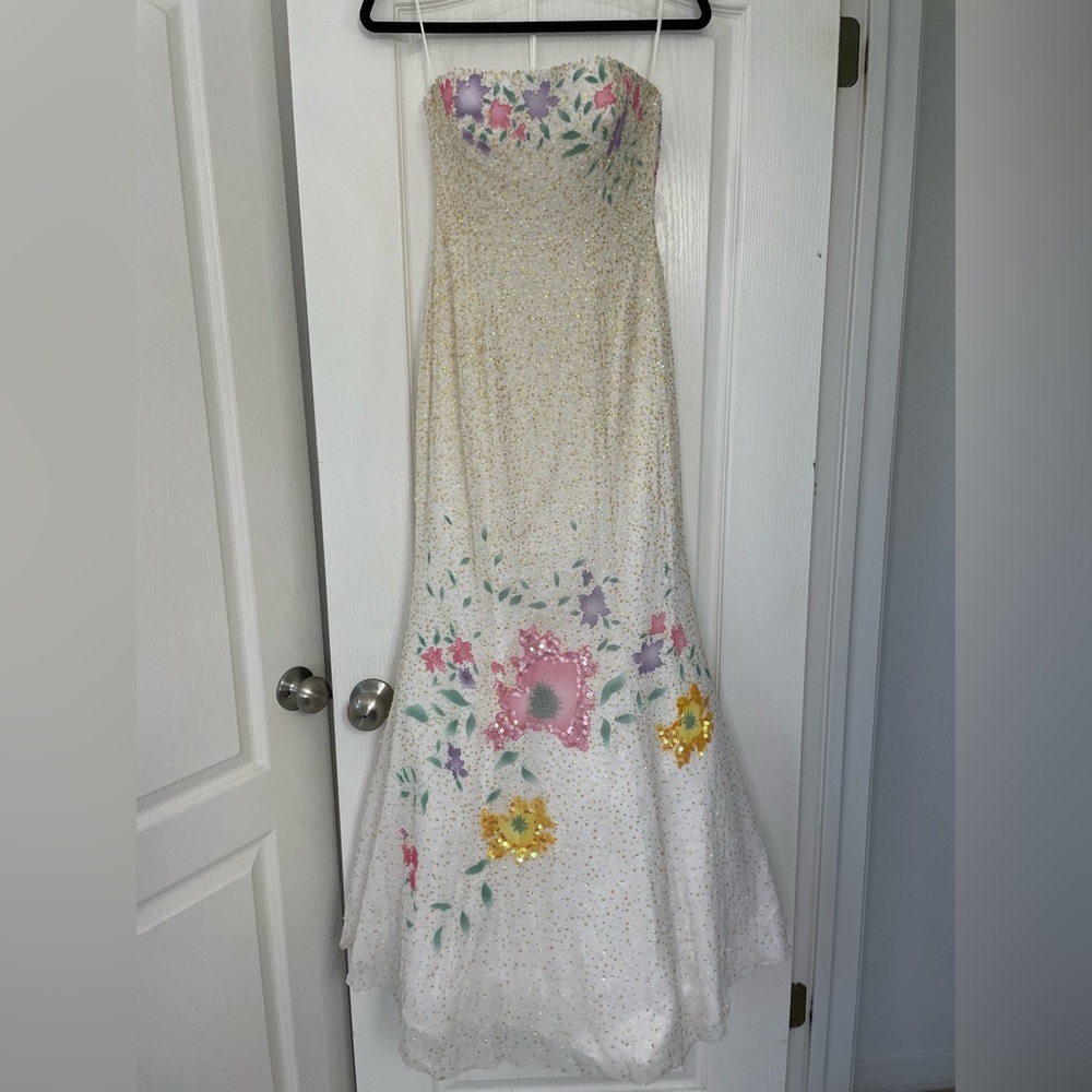 JOVANI vintage dress strapless bodice mermaid petticoat Silk beaded gown 4